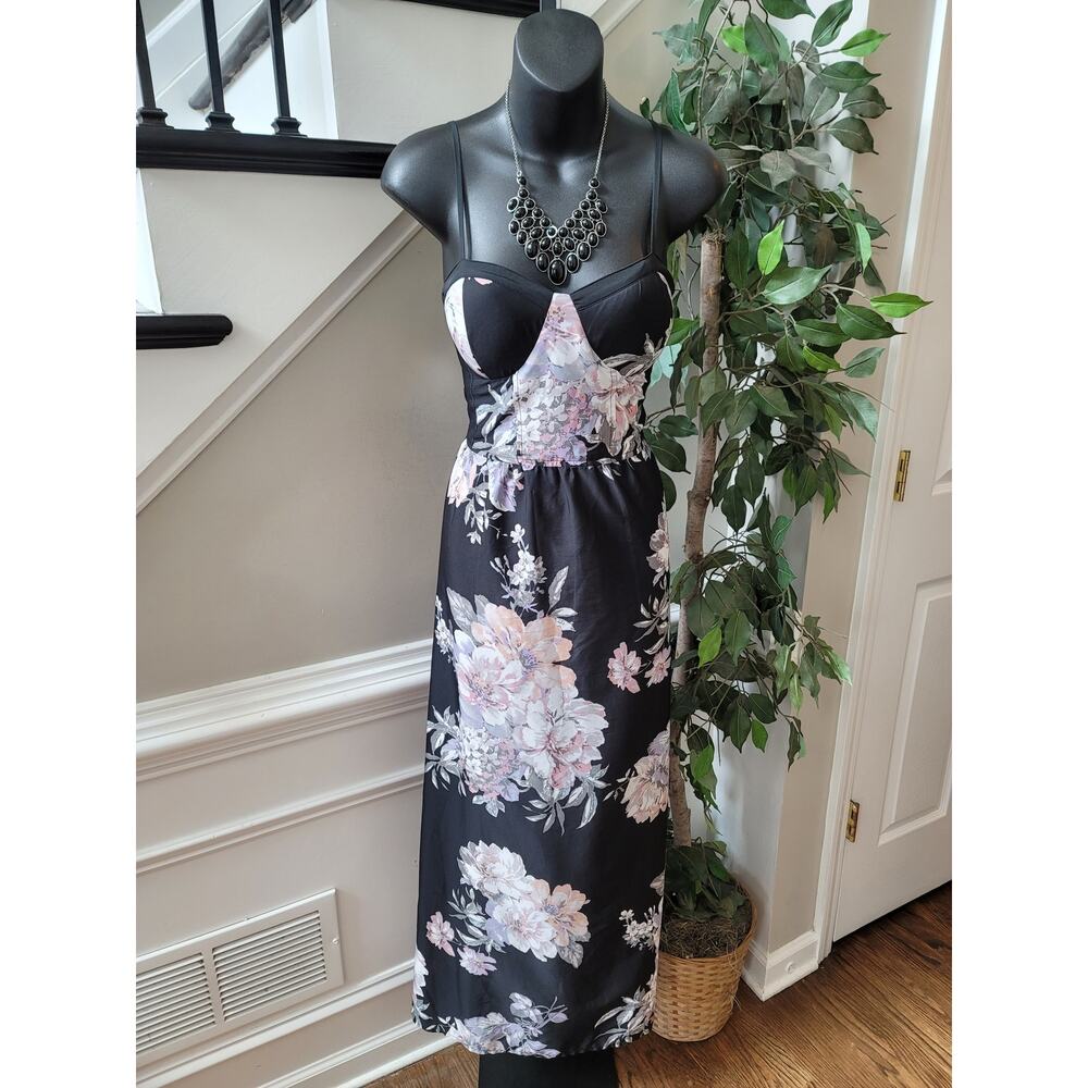 Band of Gypsies Maxi Dress Women's Large Black Floral Bustier Bodice Strappy